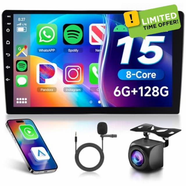 6G+128G Android 8-Core Car Stereo 10.1 inch Double Din Carplay IPS Touchscreen Car Radio Wireless Android Auto Screen with GPS Navi Bluetooth DSP