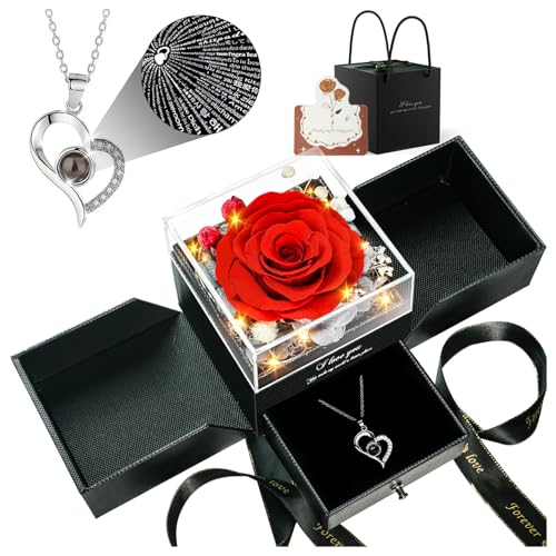 Forever Real Rose with I Love You in 100 Languages Heart Necklace