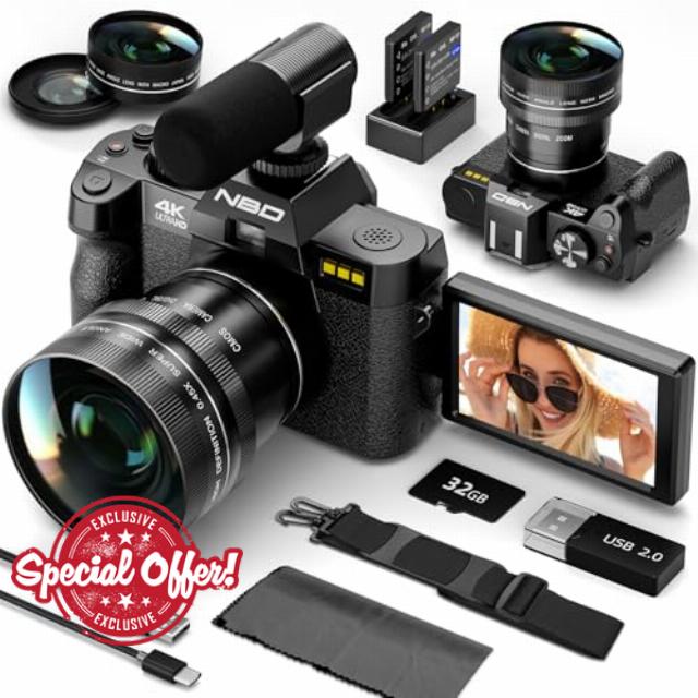 48MP Digital Cameras for Photography - 16X Zoom Travel Camera with 180° Flip Screen