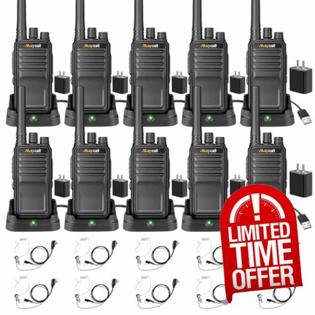 MC-528 10 Pack Two-Way Radios Long Range Walkie Talkies for Adults 2 Way Radio with Earpiece Walkie Talkie Rechargeable with Charging Base for Manufacturing Restaurant Business School