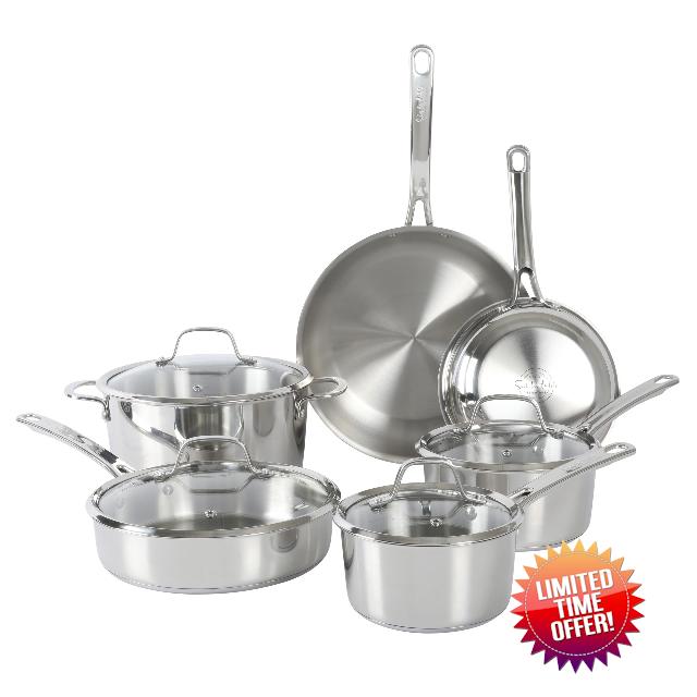 Sur La Table Kitchen Essentials Chef's Deck 10 Piece Stainless Steel Non Toxic Pots and Pans Kitchen Cookware Set w/Triply Encapsulated Base - Induction Safe