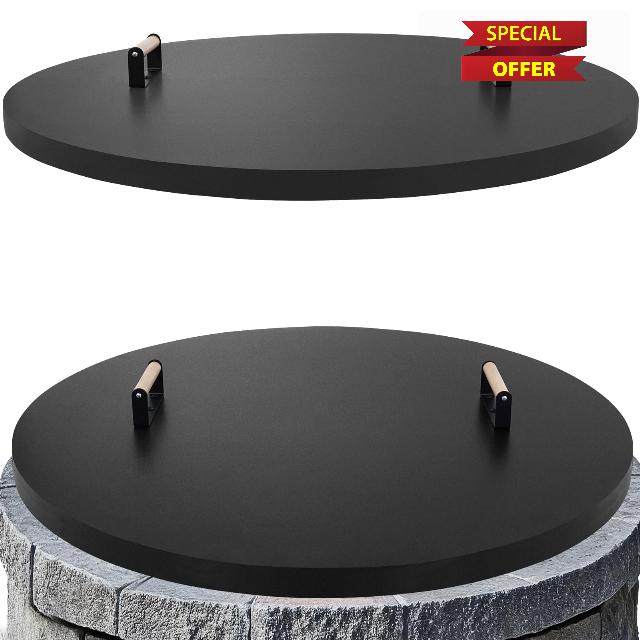 Fire Pit Lid Cover Round - 38" Rust Resistant Powder Coated Steel Firepit Cover or Table with 2 Wooden Handles for Patio Fire Pit