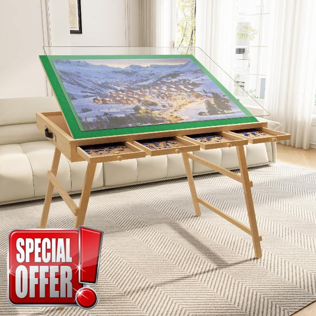3-in-1 Folding & Tilting & High Puzzle Board with 4 Drawers