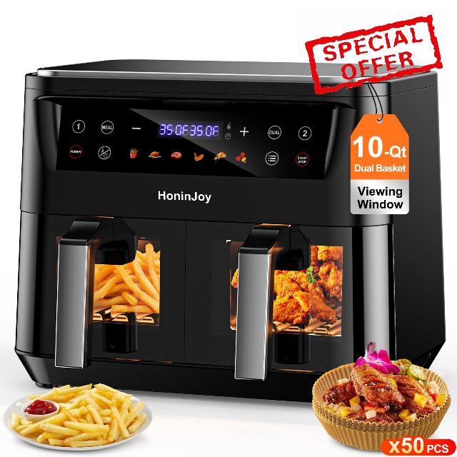 10QT Large Dual Basket Air Fryer with Viewing Window and 50pcs Paper Liners
