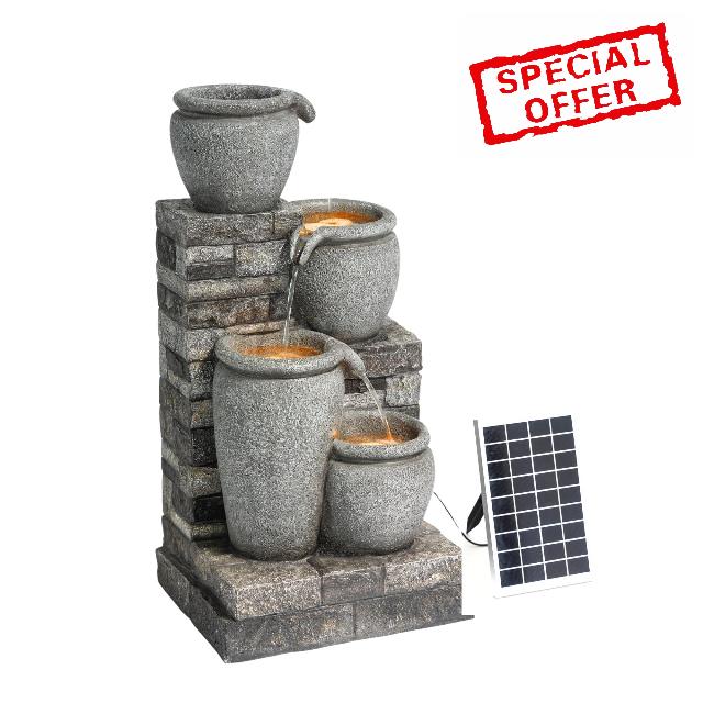 Teamson Home 30.7" 4-Tier Cascading Bowl Solar Powered Water Fountain with LED for Outdoor Living Spaces