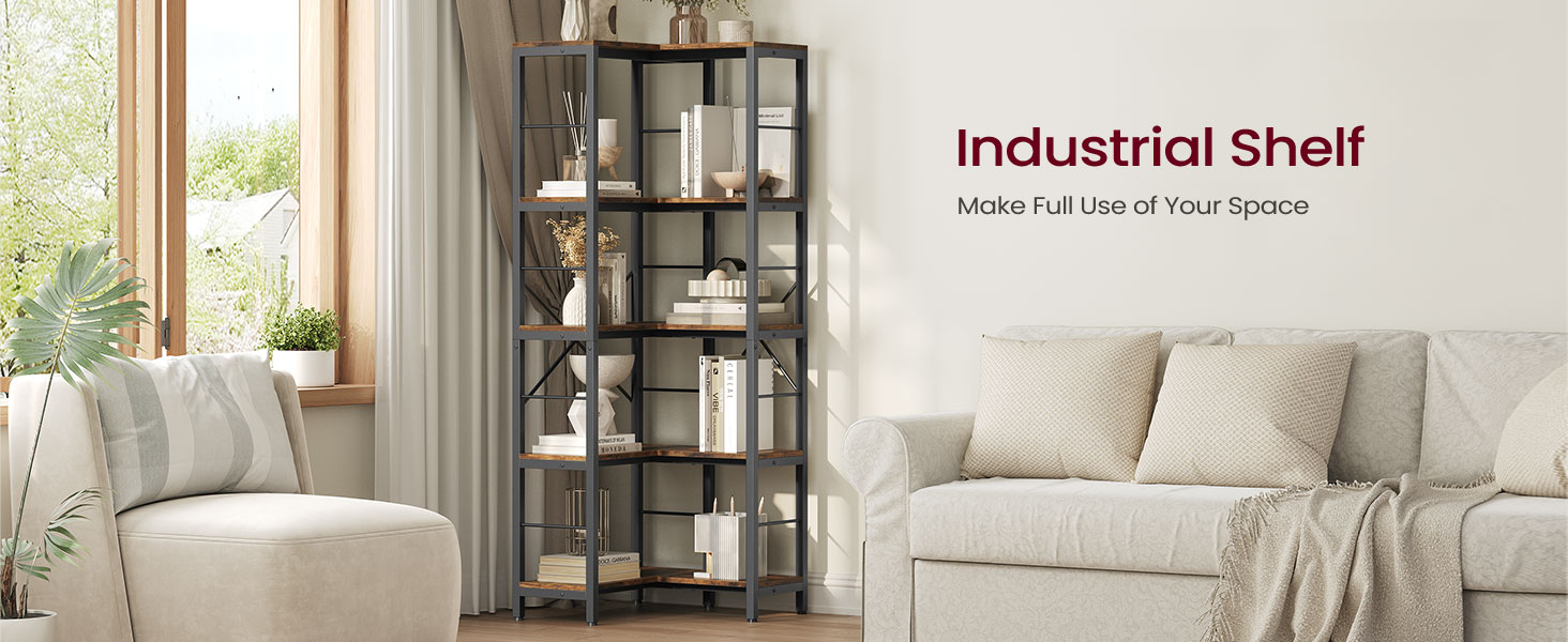 Yzosvki Corner Book Shelf, 5-Tier Reversible Tall Bookshelf