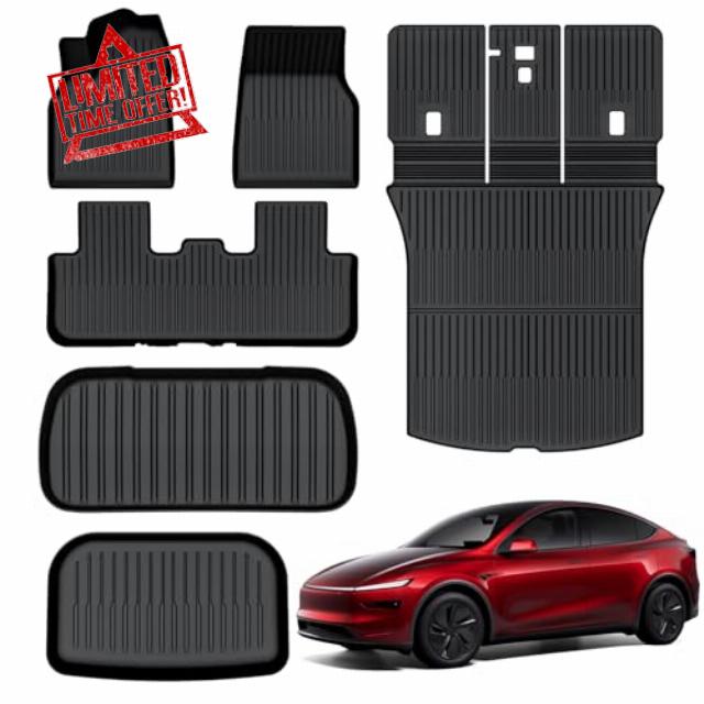 AUXKO All Weather Floor Mats for 2025 Tesla New Model Y Cargo Mat with Backrest Mat & Front Trunk Liner & Rear Cargo Mat Car Full Set TPE Liners Accessories All Season Guard Odorless Anti-Slip Mats