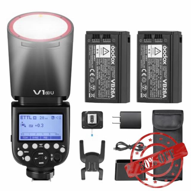 Godox V1 N USA Version Flash for Nikon Camera with 2pack 76Ws 2600mAh Battery 2.4G TTL Round Head Speedlight 480 Full Power Shots 1/8000s HSS 1.5s Recycle Time 10 Level LED Modeling Lamp