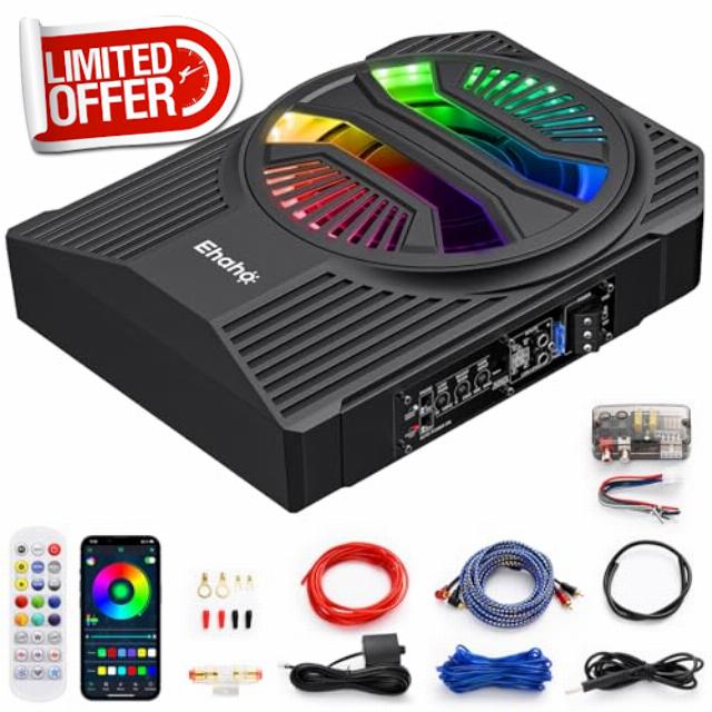 10" 1000W Slim Underseat Car Powered Subwoofer with Amplifier & RGB Lights – APP/Remote Control