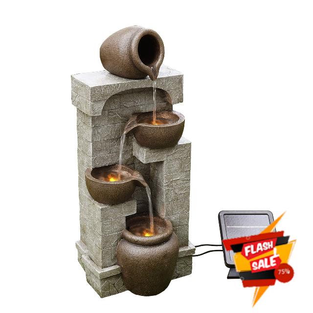 Teamson Home 28 in. Cascading Bowls and Stacked Stones LED Outdoor Water Fountain for Outdoor Living Spaces to Create a Calming Oasis in Gardens and Landscaping
