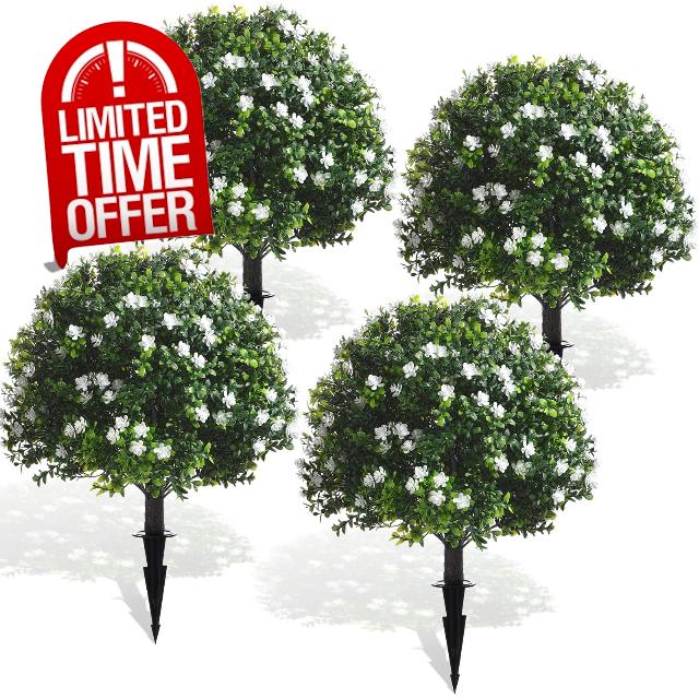 Yunlly 4 Pcs Artificial Boxwood Topiary Ball Tree 27 Inch Outdoor Boxwood Balls with Flower Faux Bush